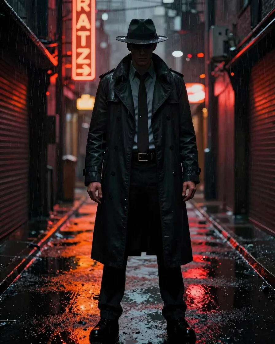 Dramatic game rendering of a detective character in a trench coat, standing in a neon-lit alleyway, rain reflecting the