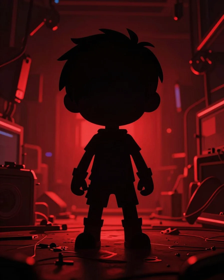 Stylized, silhouetted Chibi character concept art, dark moody lighting with vibrant red and subtle neon accents, graphic