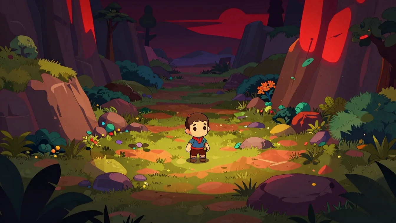 Chibi character standing in a vibrant, colorful valley, stylized