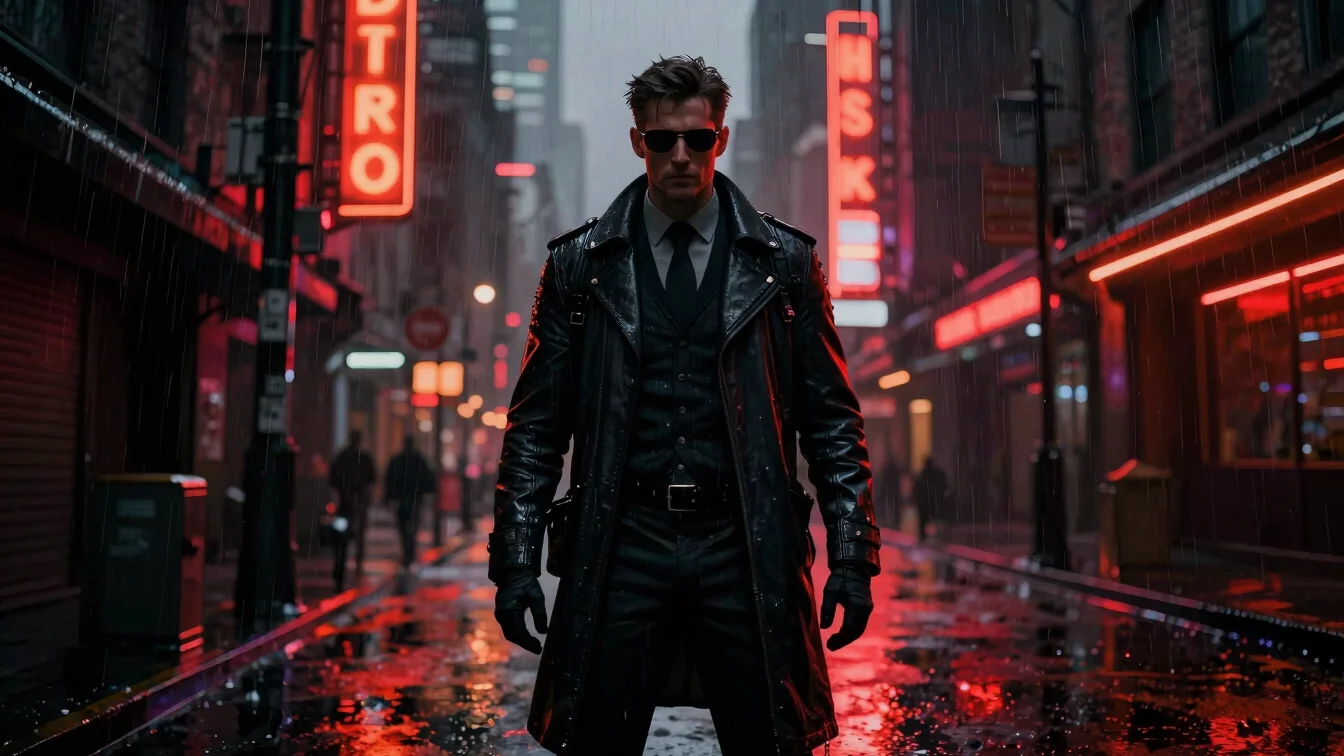 Sleek detective character in a dark, rain-slicked neon-lit city s