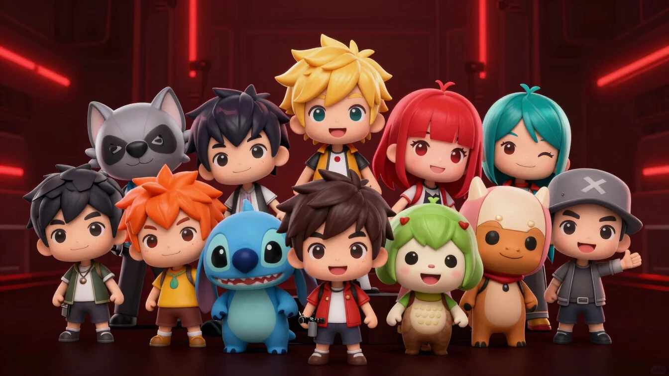 Group of cheerful chibi characters, each with distinct features, vibrant colors, clean rendering, high contrast.