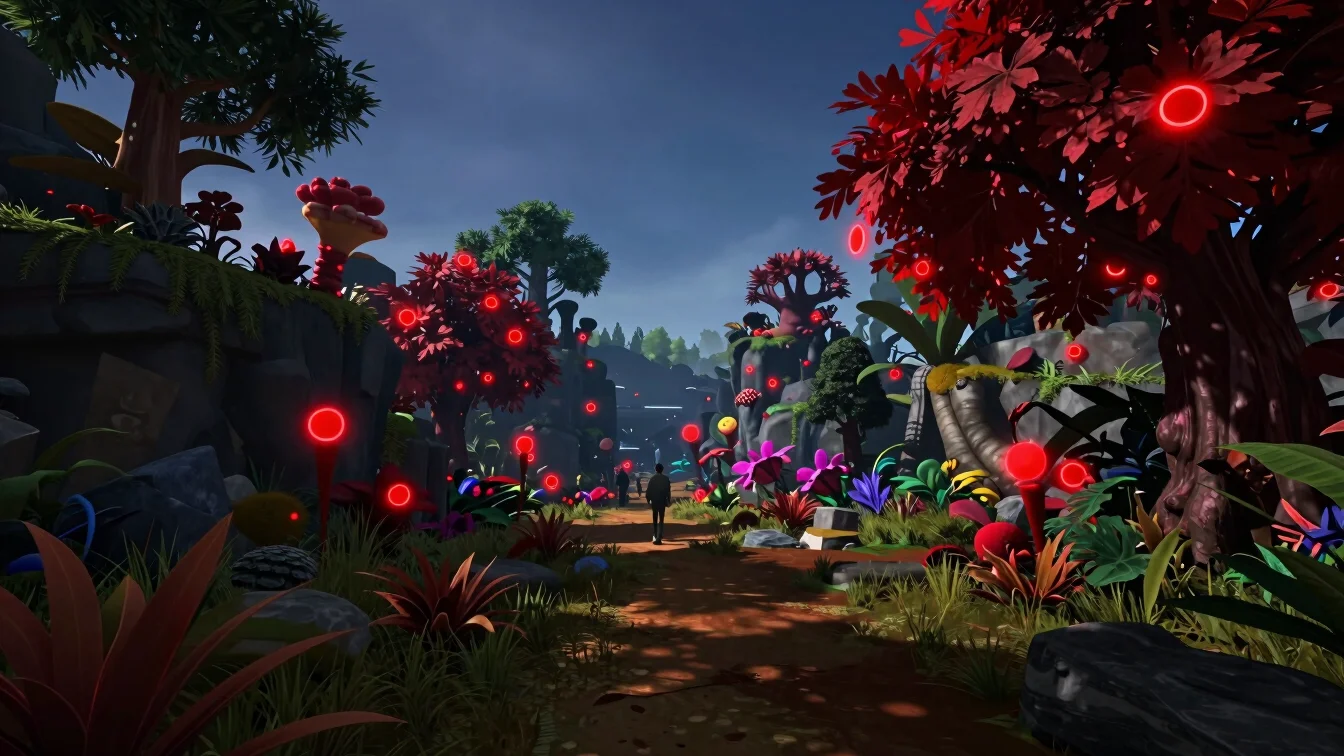 Panoramic view of a colorful game environment, vibrant flora and fauna, clear skies, whimsical art style, high contrast.