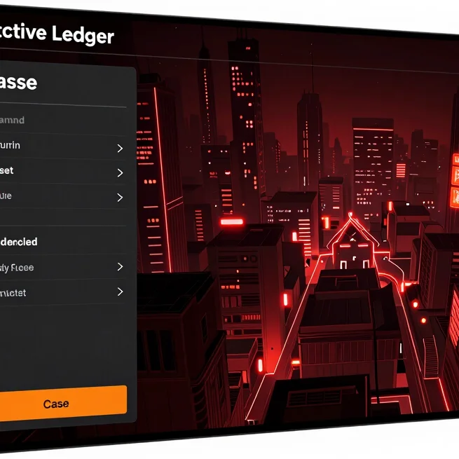 UI screen from Detective Ledger, showcasing case notes and a map of a neon-lit district, with dark background and orange