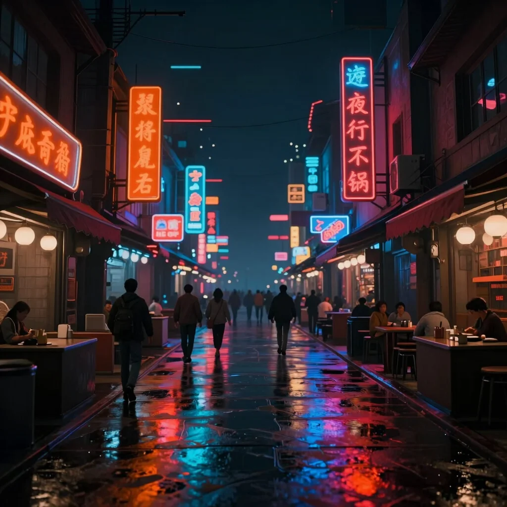 Game world environment shot of a bustling market street at night, with vibrant neon signs in orange and deep blues, refl