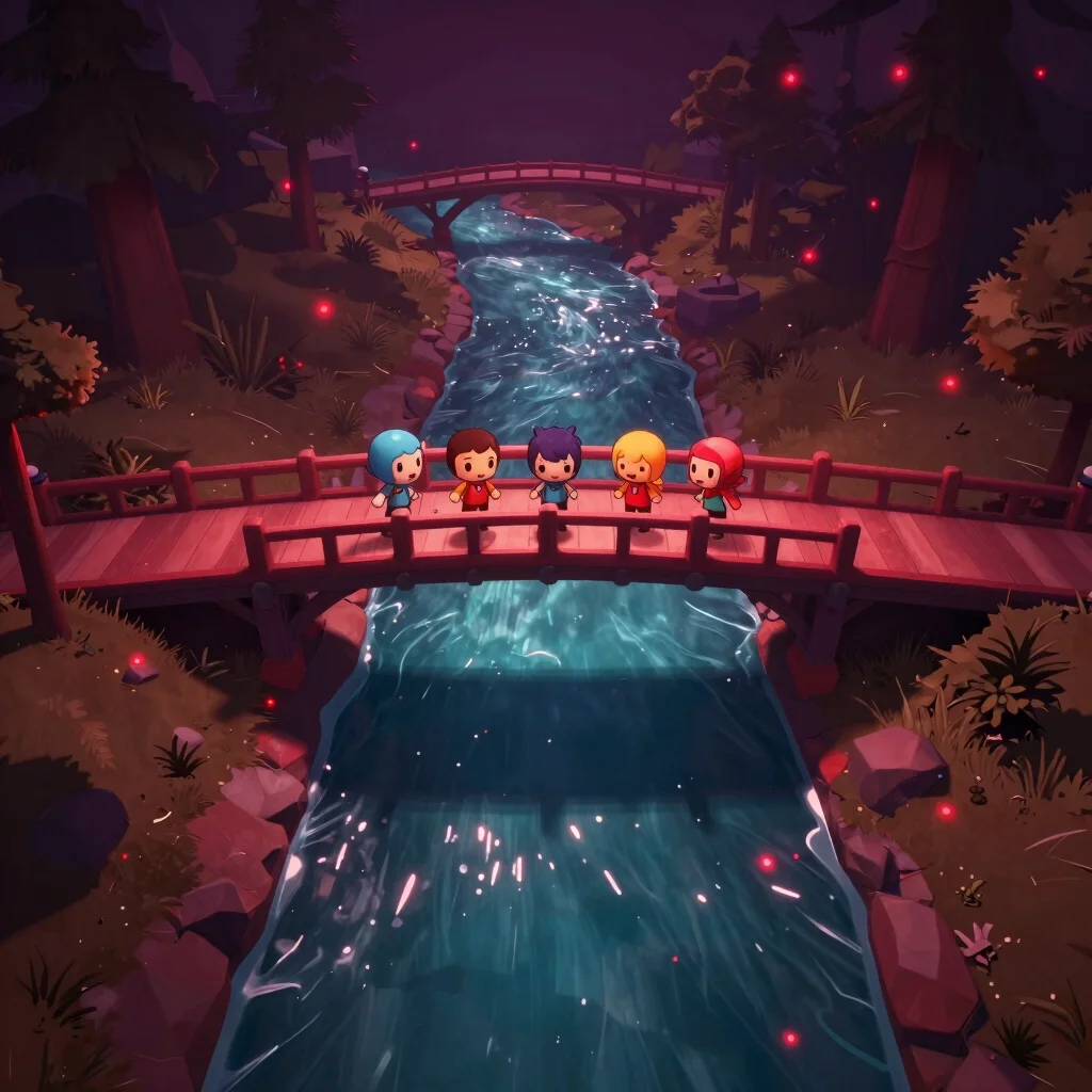 Mission Valley Chibi Rescue in-game screenshot, sparkling river, bridge, several chibi characters, cheerful atmosphere,