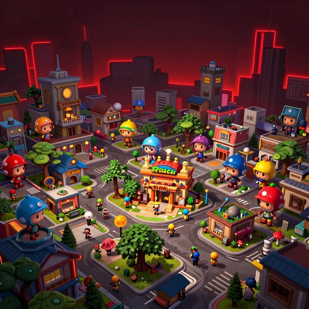 Mission Valley Chibi Rescue concept art, bustling chibi town, intricate details, bright hues, vibrant colors, high contr