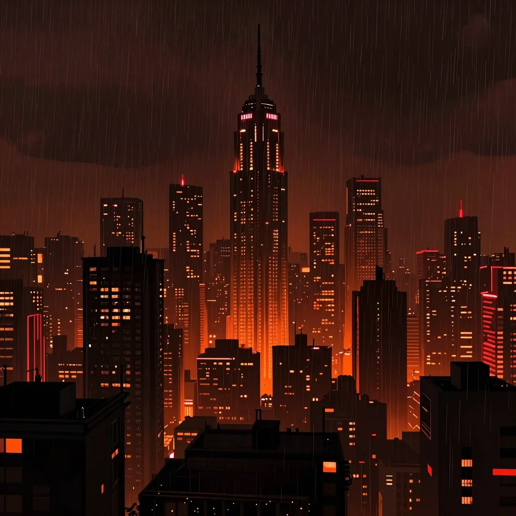 Dark moody digital artwork of a neon city skyline at night, with heavy rain and orange glow.