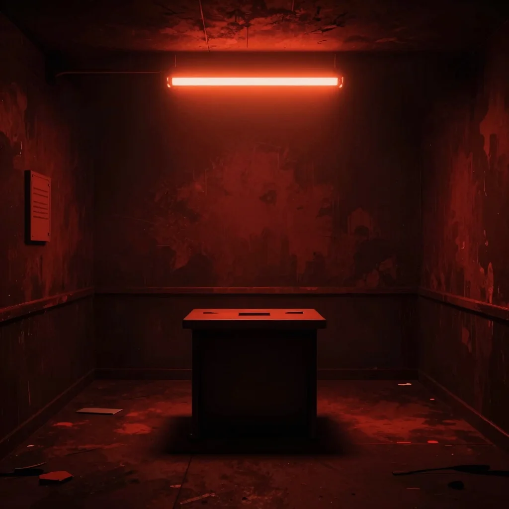 High contrast graphic key art of a dimly lit interrogation room with a single neon orange light source.
