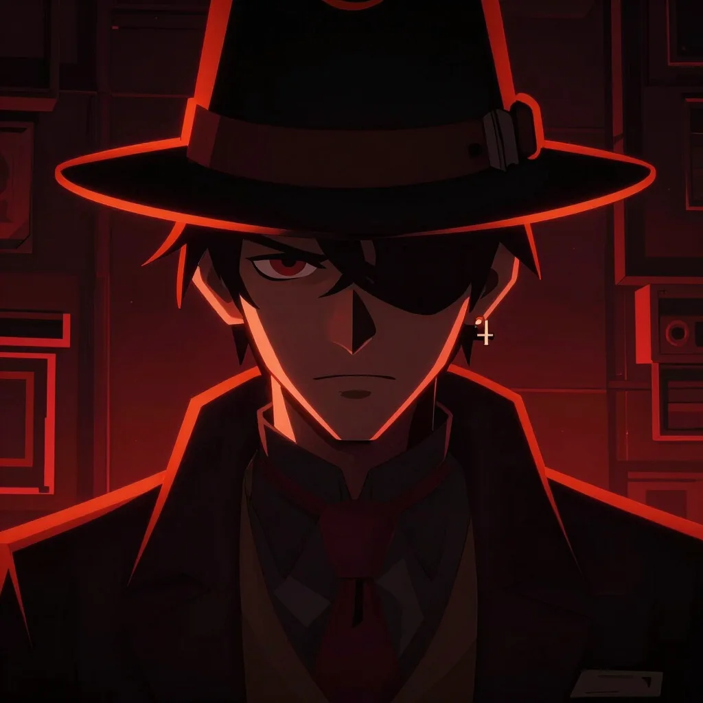 Stylized indie game character key art of Detective Ledger's face, partially obscured by shadow, with a sharp neon orange