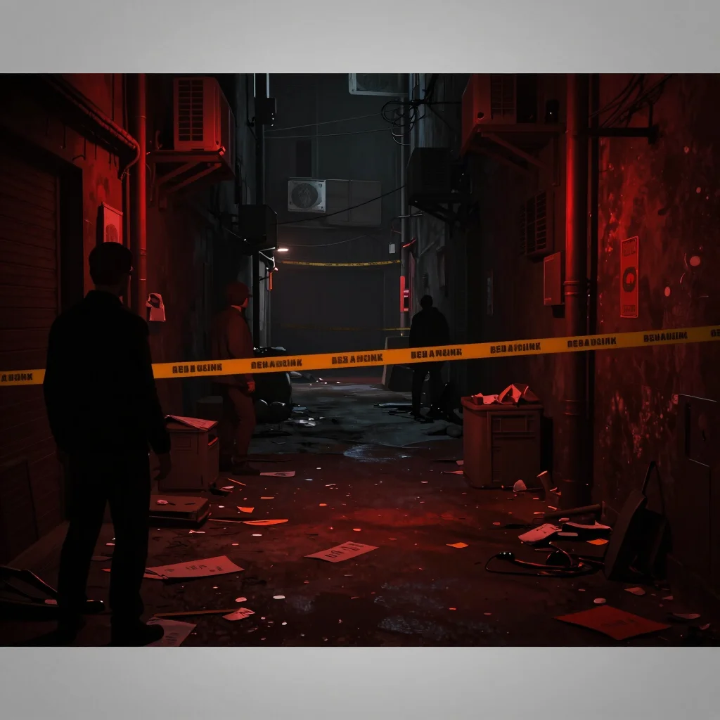Dramatic game rendering of a crime scene in a dark alley, with subtle red and orange highlights on evidence.
